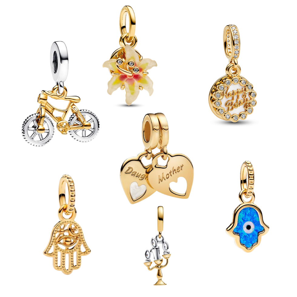 925 Sterling Silver Gold Plated Charms – Love, Flowers charms, hand Hamsa, mother and daughter