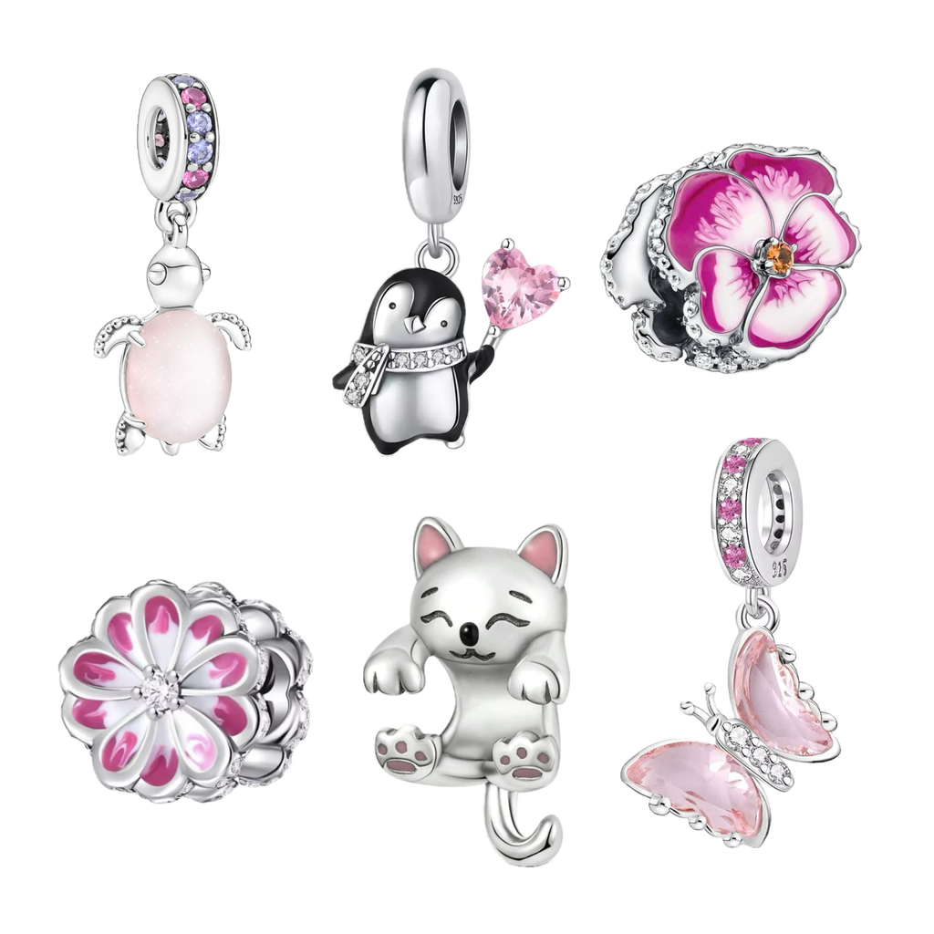 Abalorios de Animales y Mariposas Plata de Ley 925 Bonitos – Gato, Tortuga, Pingüino y Abalorios de Flores para Pulseras de Charms